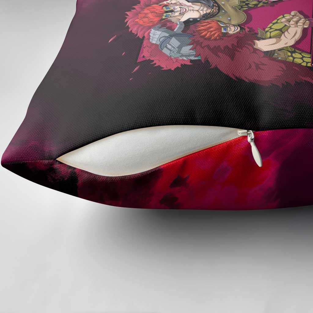 Eustass Kid One Piece Theme Red and Black Grunge Design Pillow Cover with Mechanical Arm and Pirate Emblem - The Mazicc