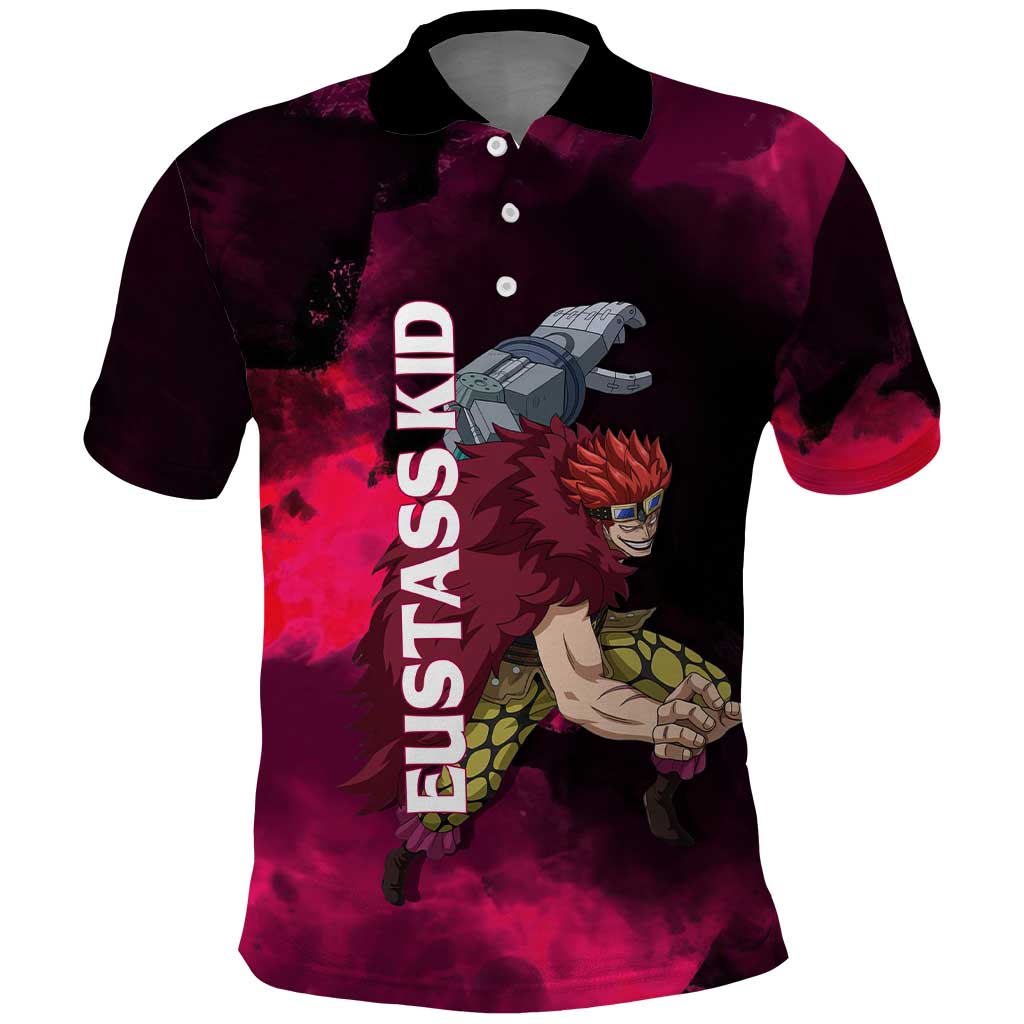 Eustass Kid One Piece Theme Red and Black Grunge Design Polo Shirt with Mechanical Arm and Pirate Emblem - The Mazicc