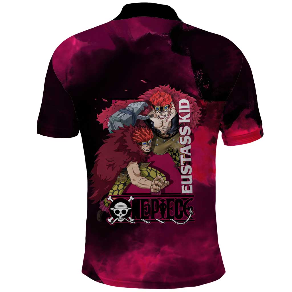 Eustass Kid One Piece Theme Red and Black Grunge Design Polo Shirt with Mechanical Arm and Pirate Emblem - The Mazicc