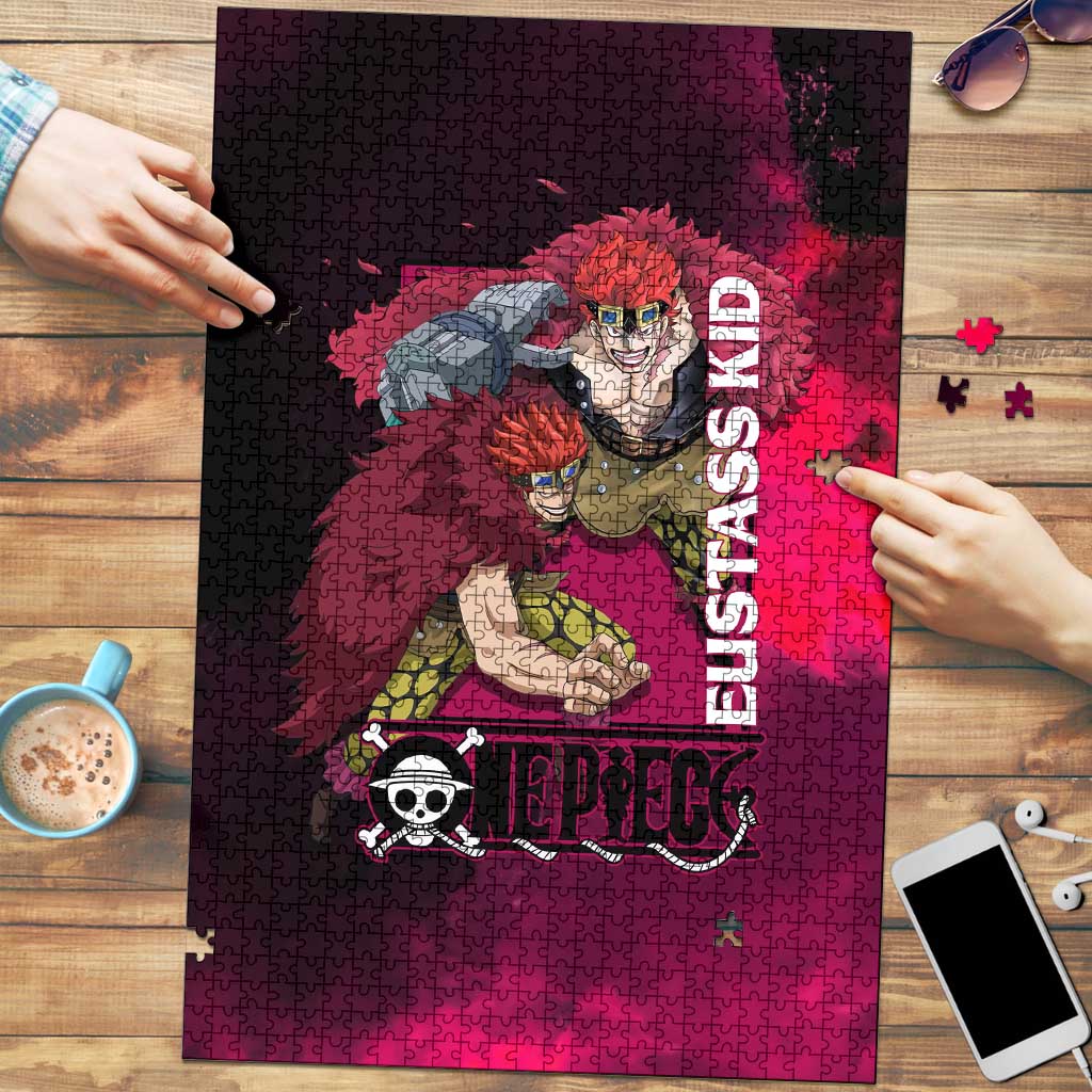 Eustass Kid One Piece Theme Red and Black Grunge Design Puzzle with Mechanical Arm and Pirate Emblem - The Mazicc