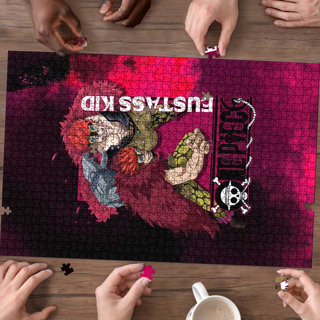 Eustass Kid One Piece Theme Red and Black Grunge Design Puzzle with Mechanical Arm and Pirate Emblem - The Mazicc