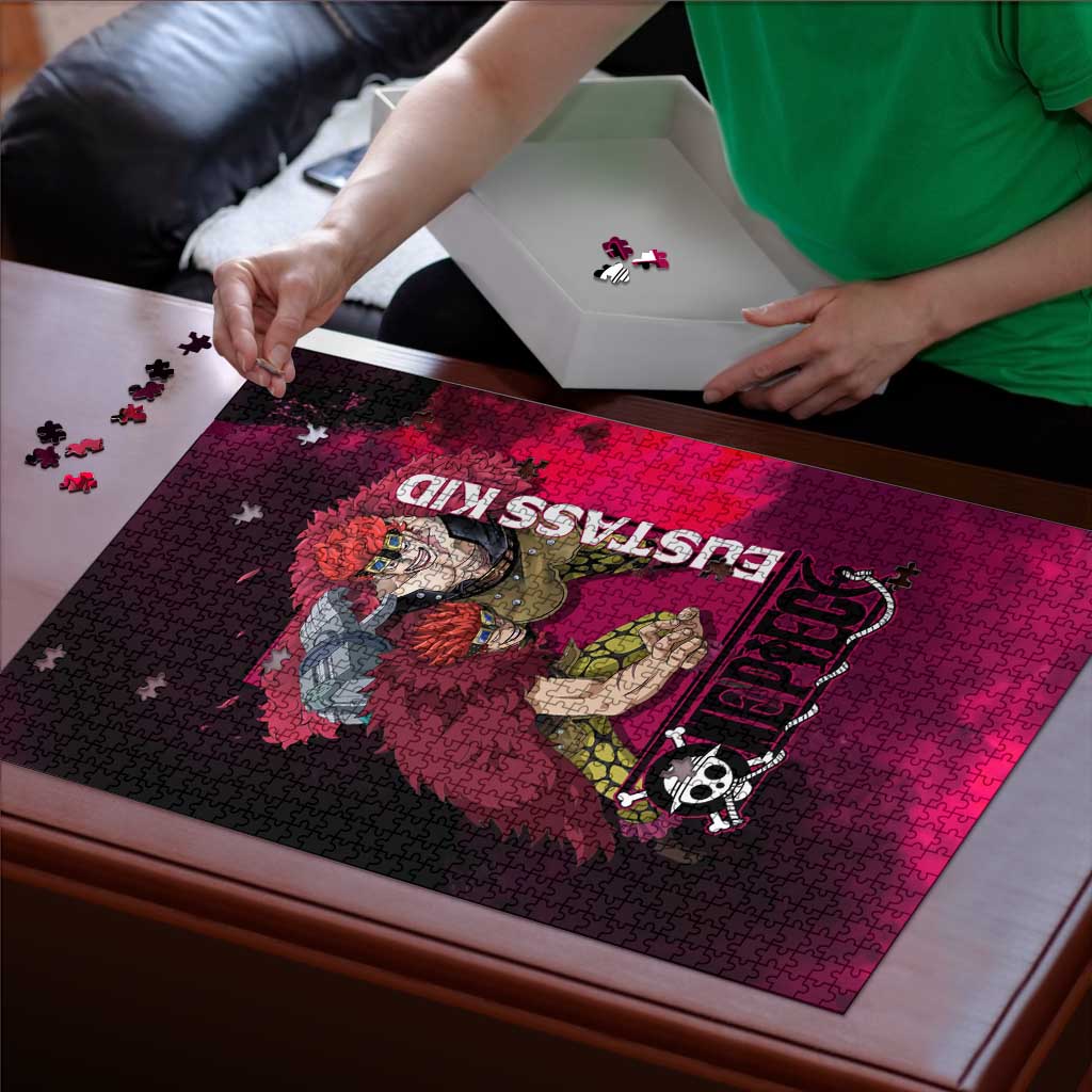 Eustass Kid One Piece Theme Red and Black Grunge Design Puzzle with Mechanical Arm and Pirate Emblem - The Mazicc
