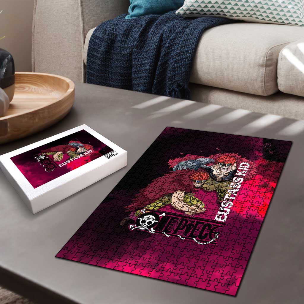 Eustass Kid One Piece Theme Red and Black Grunge Design Puzzle with Mechanical Arm and Pirate Emblem - The Mazicc