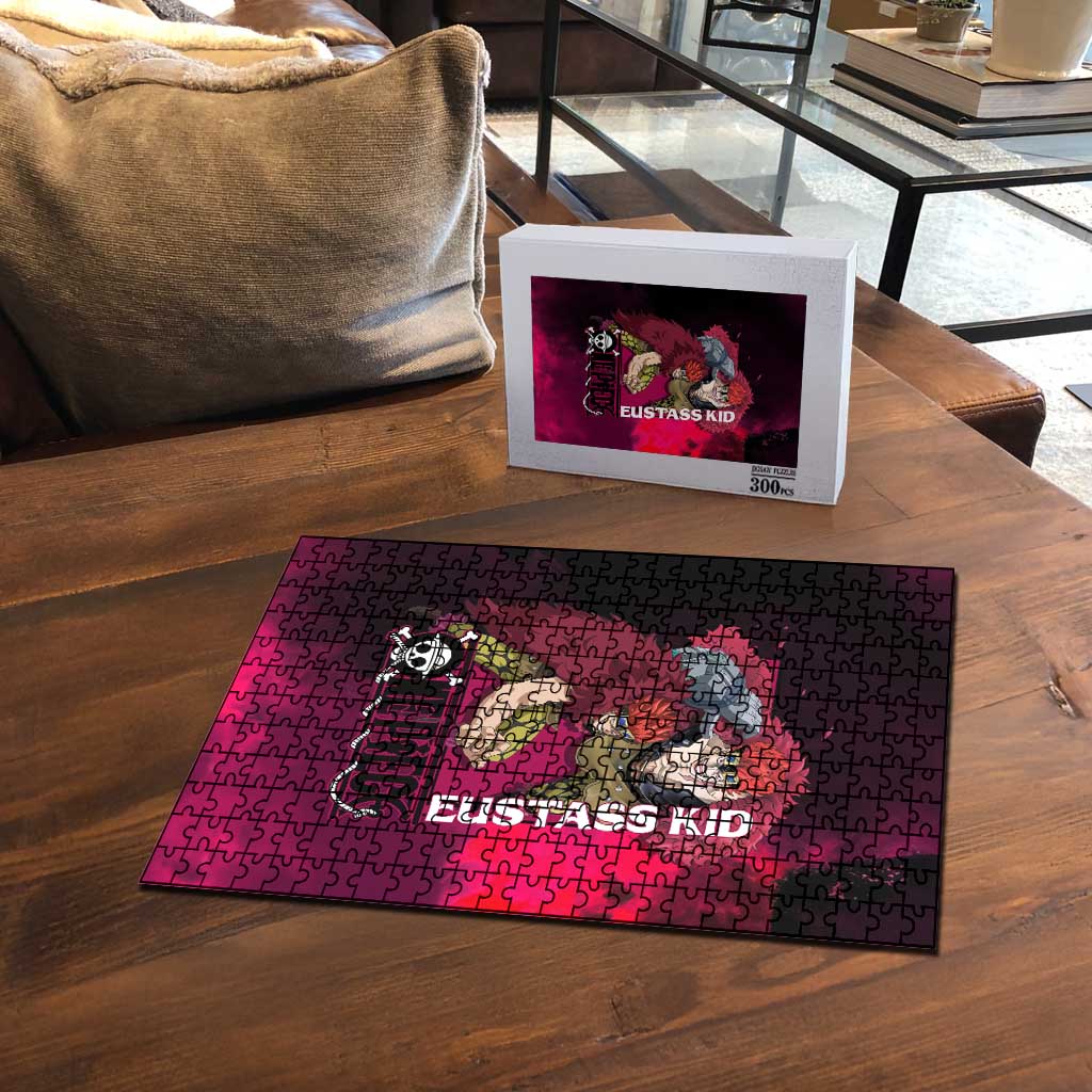 Eustass Kid One Piece Theme Red and Black Grunge Design Puzzle with Mechanical Arm and Pirate Emblem - The Mazicc