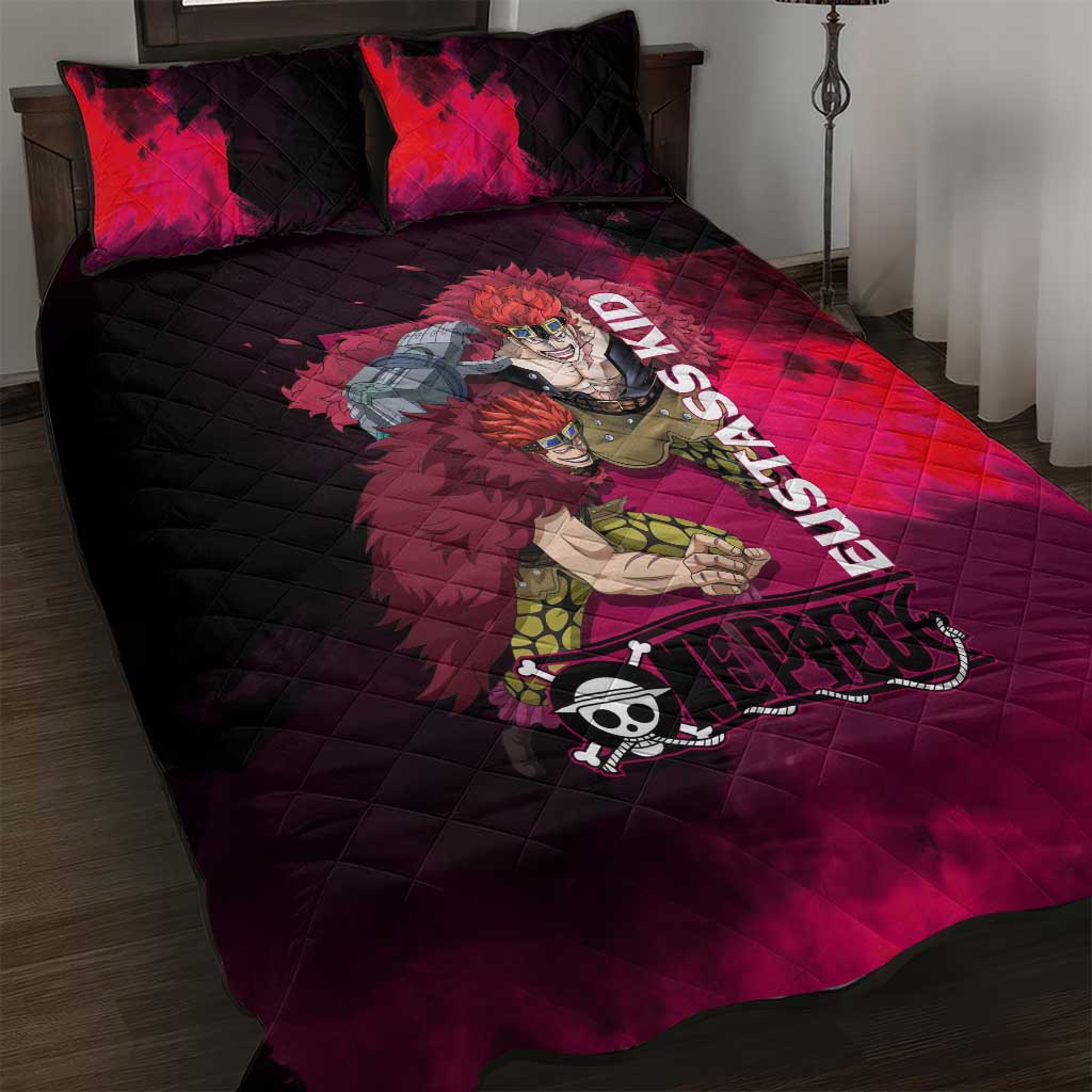 Eustass Kid One Piece Theme Red and Black Grunge Design Quilt Bed Set with Mechanical Arm and Pirate Emblem - The Mazicc