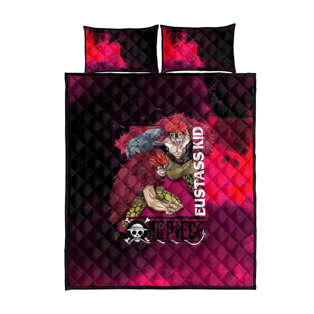Eustass Kid One Piece Theme Red and Black Grunge Design Quilt Bed Set with Mechanical Arm and Pirate Emblem - The Mazicc