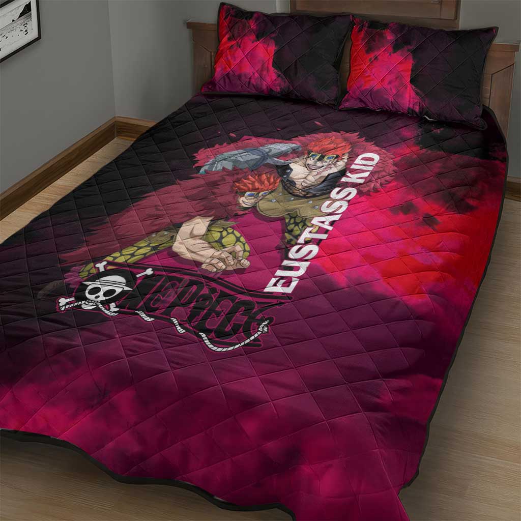 Eustass Kid One Piece Theme Red and Black Grunge Design Quilt Bed Set with Mechanical Arm and Pirate Emblem - The Mazicc