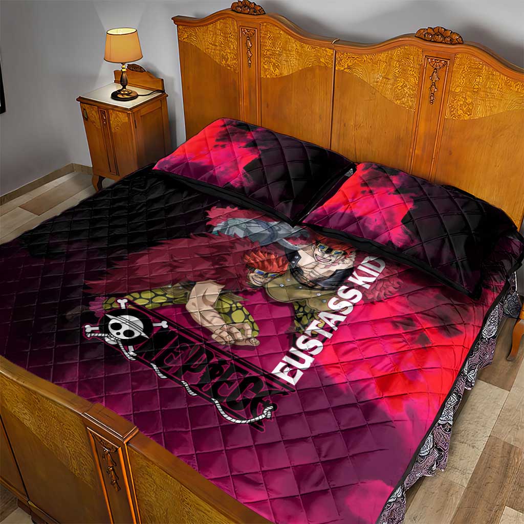Eustass Kid One Piece Theme Red and Black Grunge Design Quilt Bed Set with Mechanical Arm and Pirate Emblem - The Mazicc
