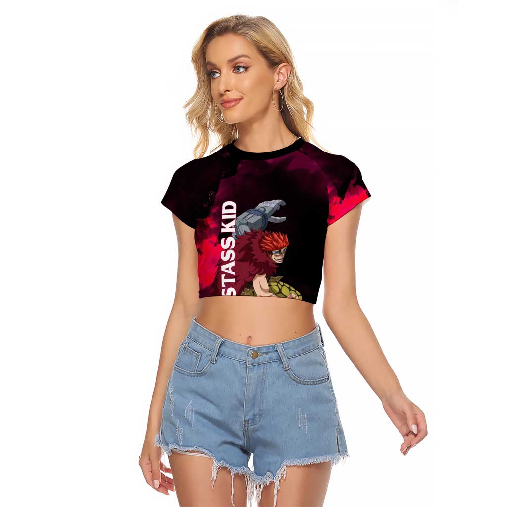 Eustass Kid One Piece Theme Red and Black Grunge Design Raglan Cropped T Shirt with Mechanical Arm and Pirate Emblem - The Mazicc