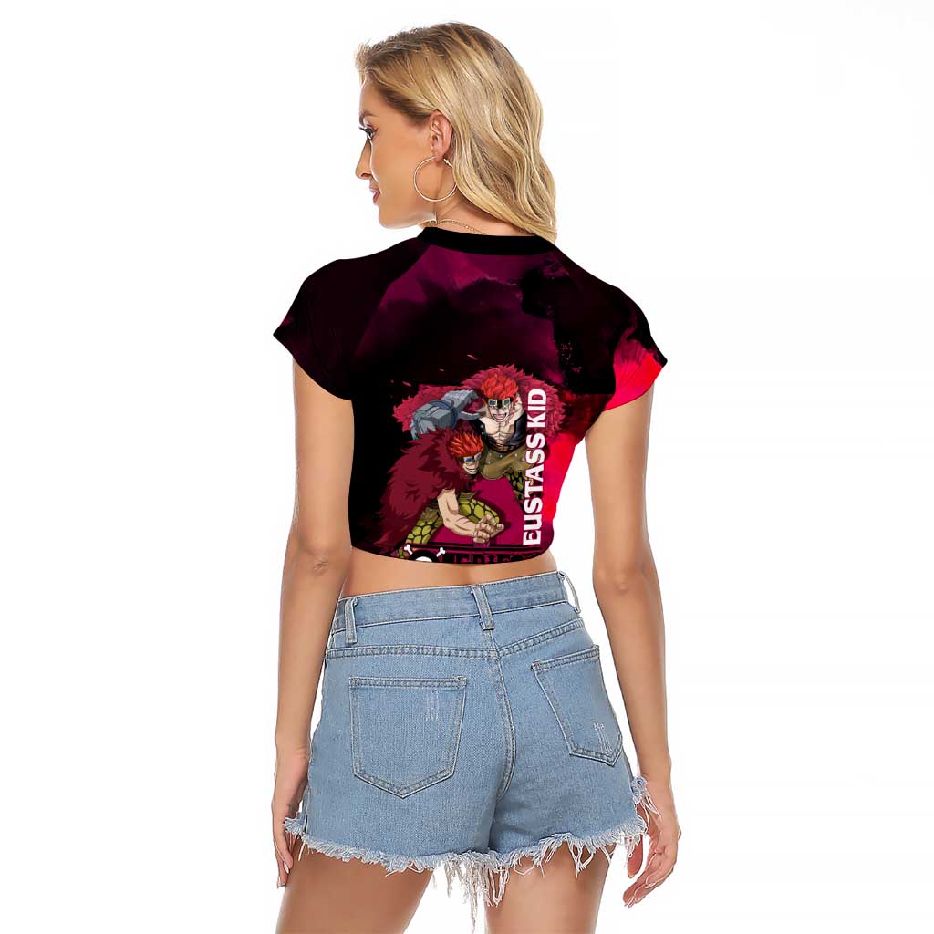 Eustass Kid One Piece Theme Red and Black Grunge Design Raglan Cropped T Shirt with Mechanical Arm and Pirate Emblem - The Mazicc