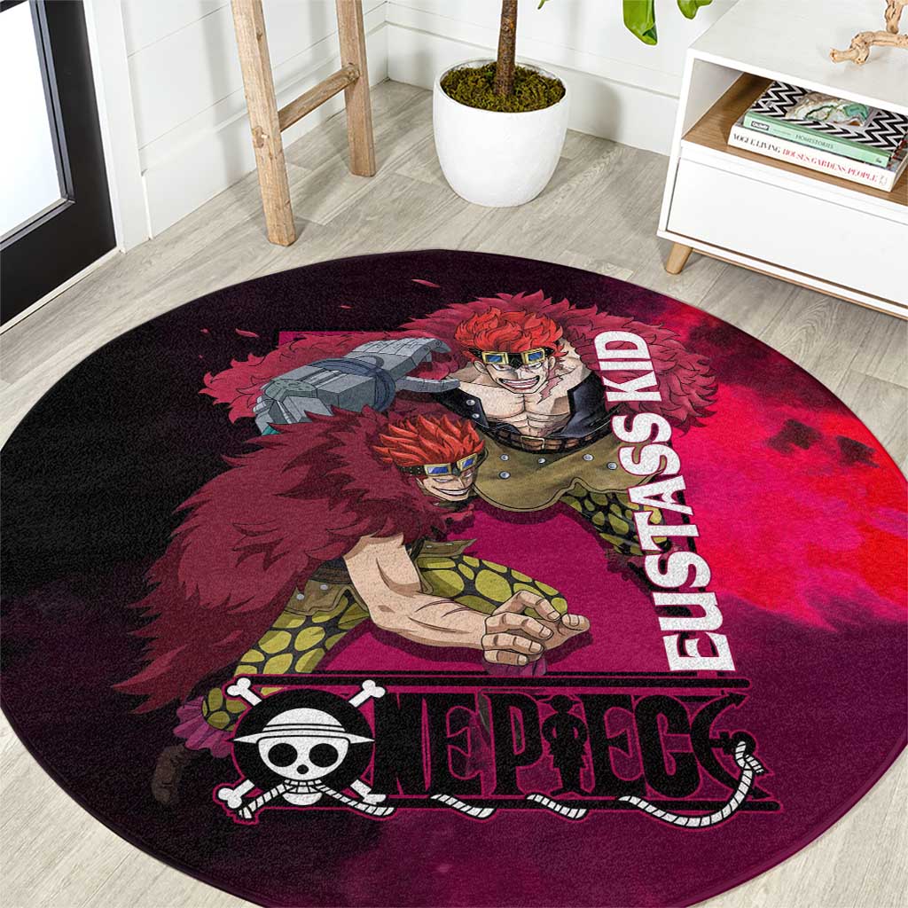 Eustass Kid One Piece Theme Red and Black Grunge Design Round Carpet with Mechanical Arm and Pirate Emblem - The Mazicc