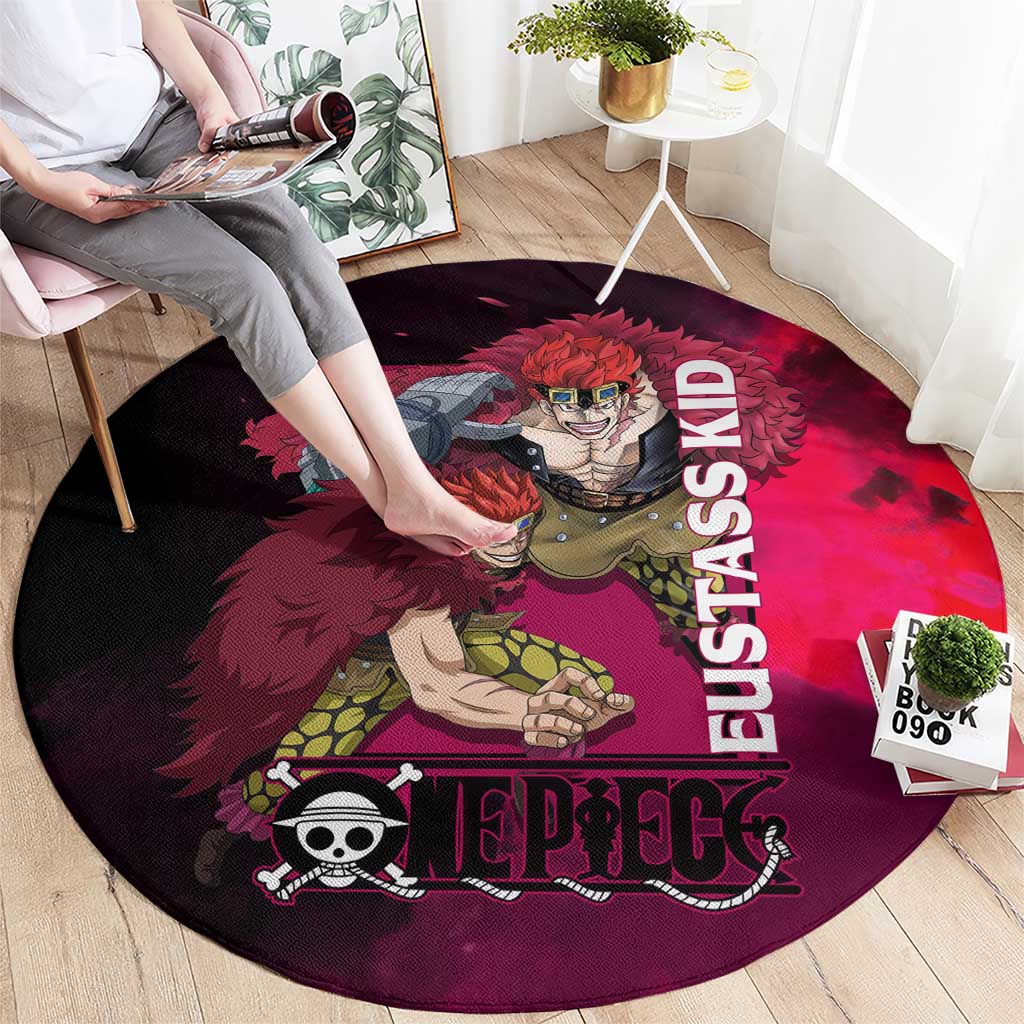 Eustass Kid One Piece Theme Red and Black Grunge Design Round Carpet with Mechanical Arm and Pirate Emblem - The Mazicc