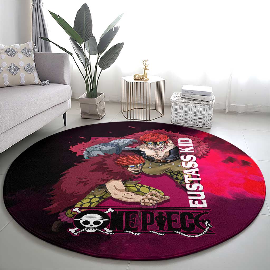 Eustass Kid One Piece Theme Red and Black Grunge Design Round Carpet with Mechanical Arm and Pirate Emblem - The Mazicc