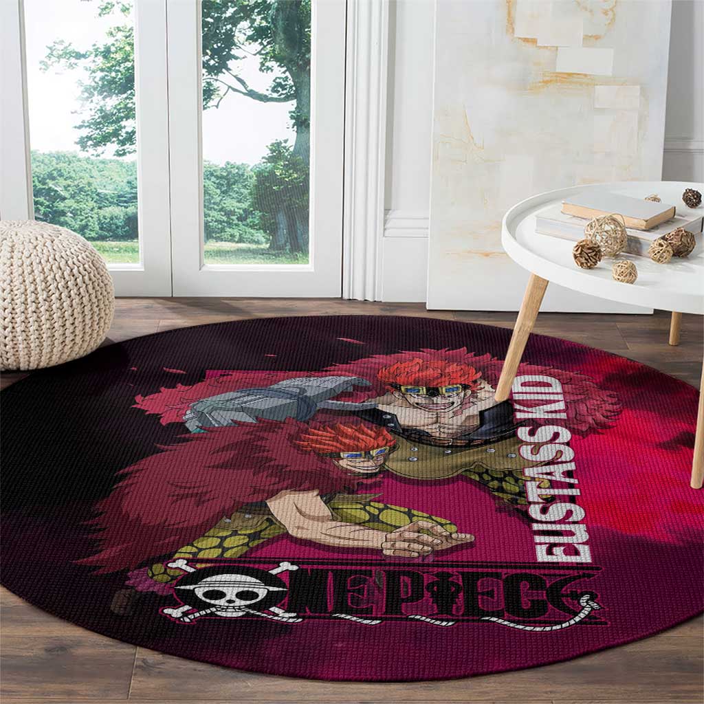Eustass Kid One Piece Theme Red and Black Grunge Design Round Carpet with Mechanical Arm and Pirate Emblem - The Mazicc