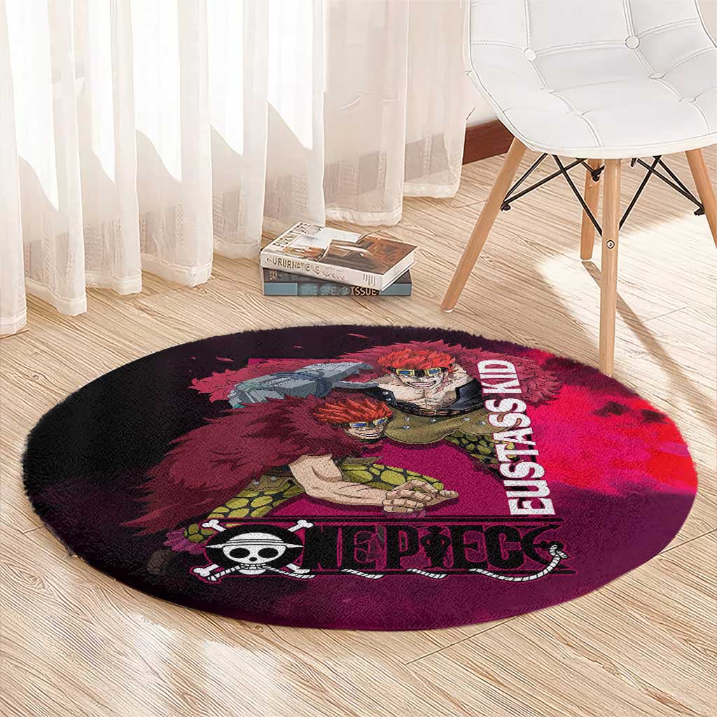 Eustass Kid One Piece Theme Red and Black Grunge Design Round Carpet with Mechanical Arm and Pirate Emblem - The Mazicc