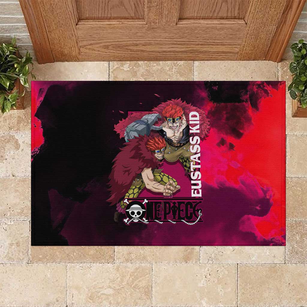 Eustass Kid One Piece Theme Red and Black Grunge Design Rubber Doormat with Mechanical Arm and Pirate Emblem - The Mazicc