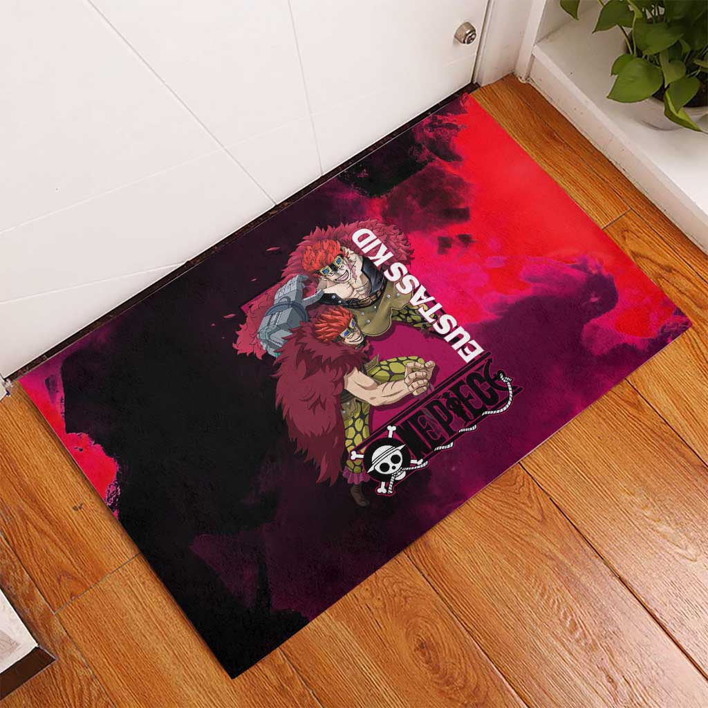 Eustass Kid One Piece Theme Red and Black Grunge Design Rubber Doormat with Mechanical Arm and Pirate Emblem - The Mazicc