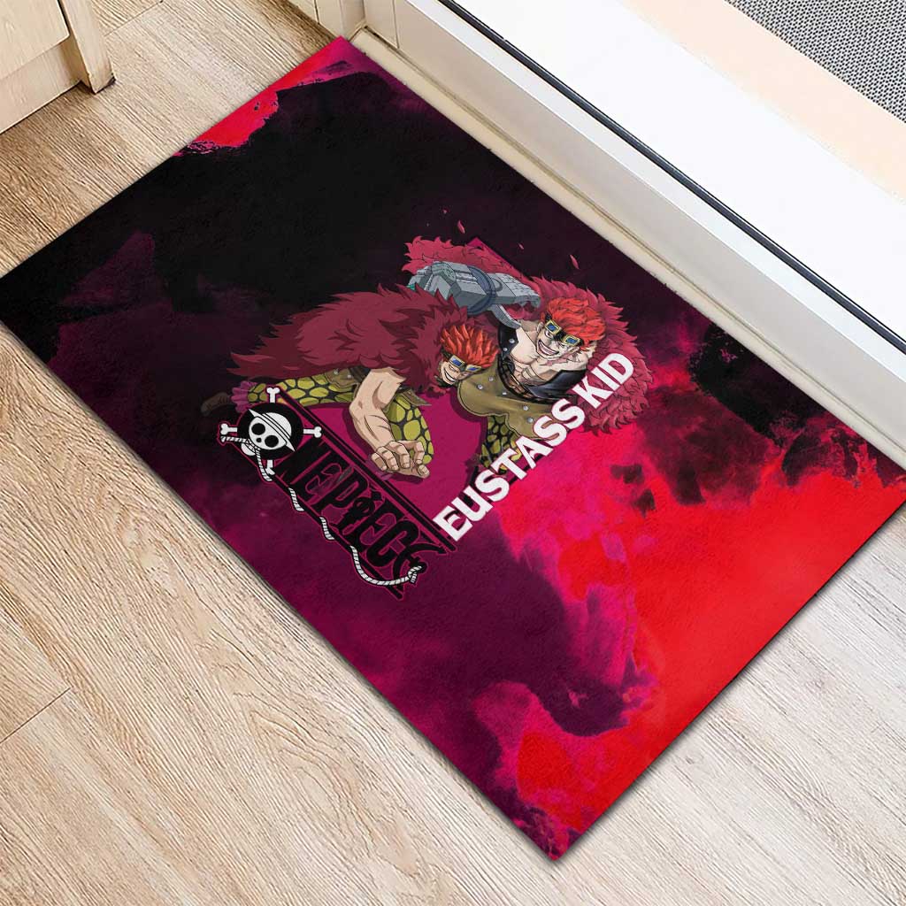 Eustass Kid One Piece Theme Red and Black Grunge Design Rubber Doormat with Mechanical Arm and Pirate Emblem - The Mazicc