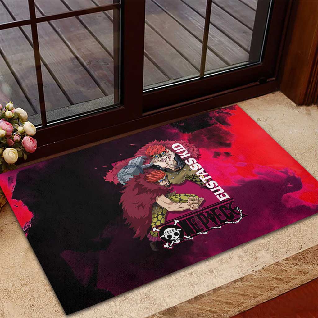 Eustass Kid One Piece Theme Red and Black Grunge Design Rubber Doormat with Mechanical Arm and Pirate Emblem - The Mazicc