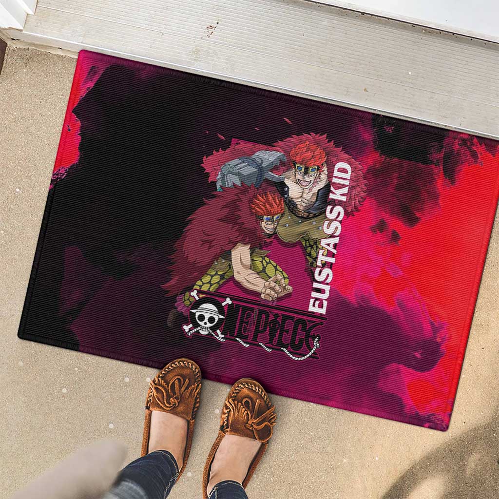 Eustass Kid One Piece Theme Red and Black Grunge Design Rubber Doormat with Mechanical Arm and Pirate Emblem - The Mazicc