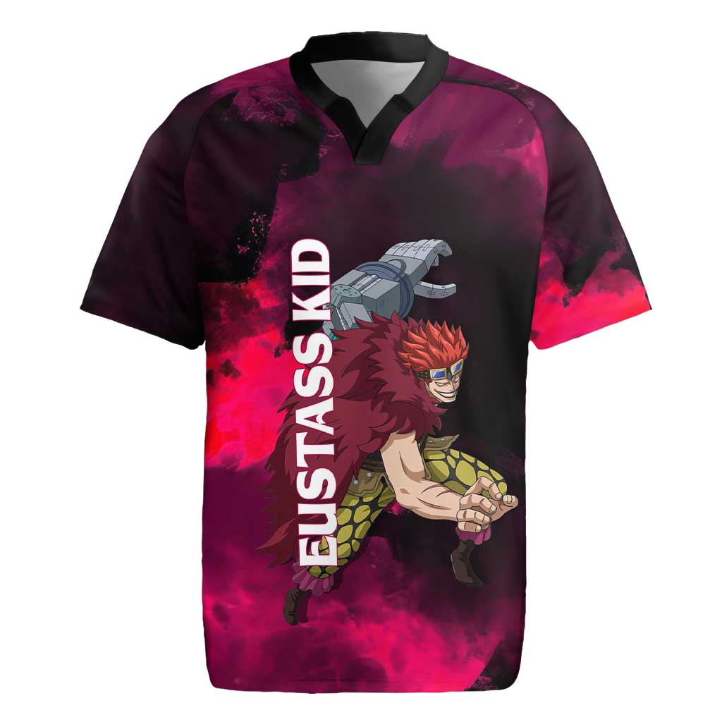 Eustass Kid One Piece Theme Red and Black Grunge Design Rugby Jersey with Mechanical Arm and Pirate Emblem - The Mazicc