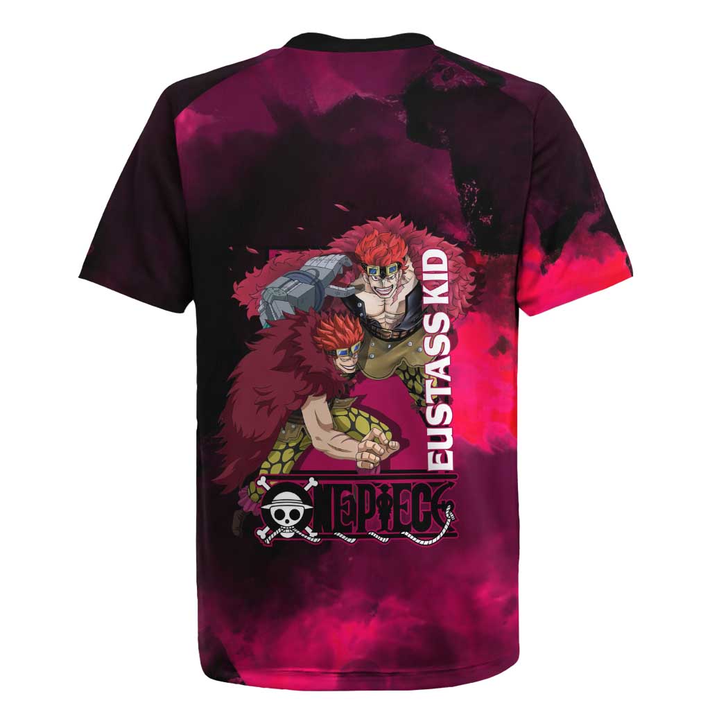 Eustass Kid One Piece Theme Red and Black Grunge Design Rugby Jersey with Mechanical Arm and Pirate Emblem - The Mazicc