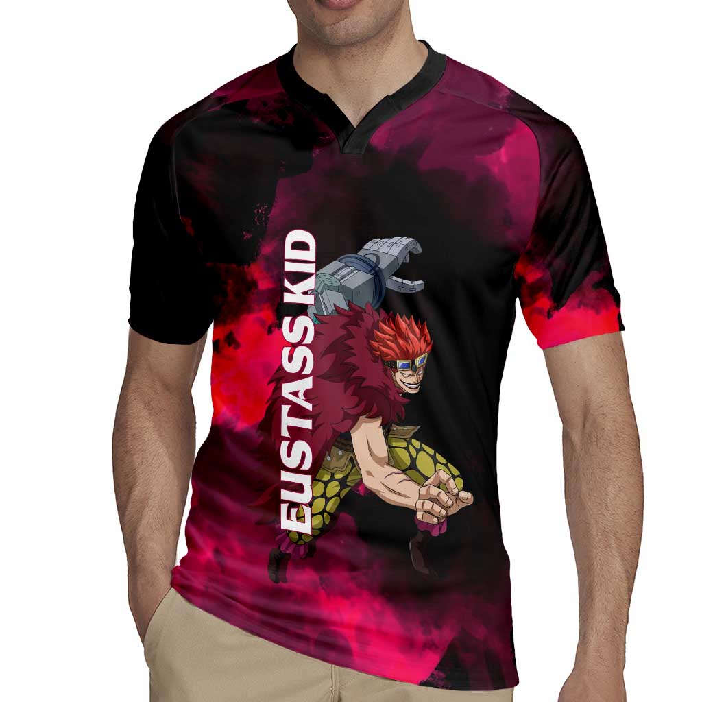 Eustass Kid One Piece Theme Red and Black Grunge Design Rugby Jersey with Mechanical Arm and Pirate Emblem - The Mazicc