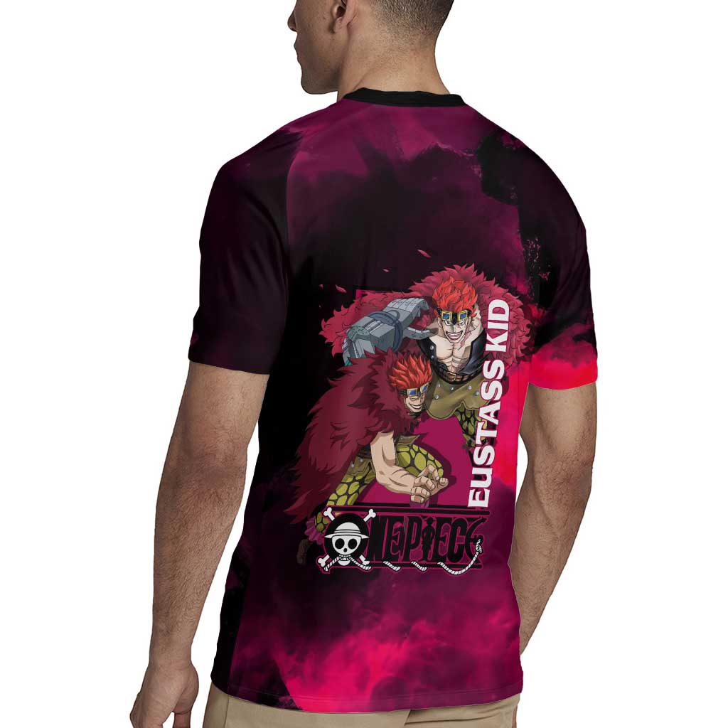 Eustass Kid One Piece Theme Red and Black Grunge Design Rugby Jersey with Mechanical Arm and Pirate Emblem - The Mazicc