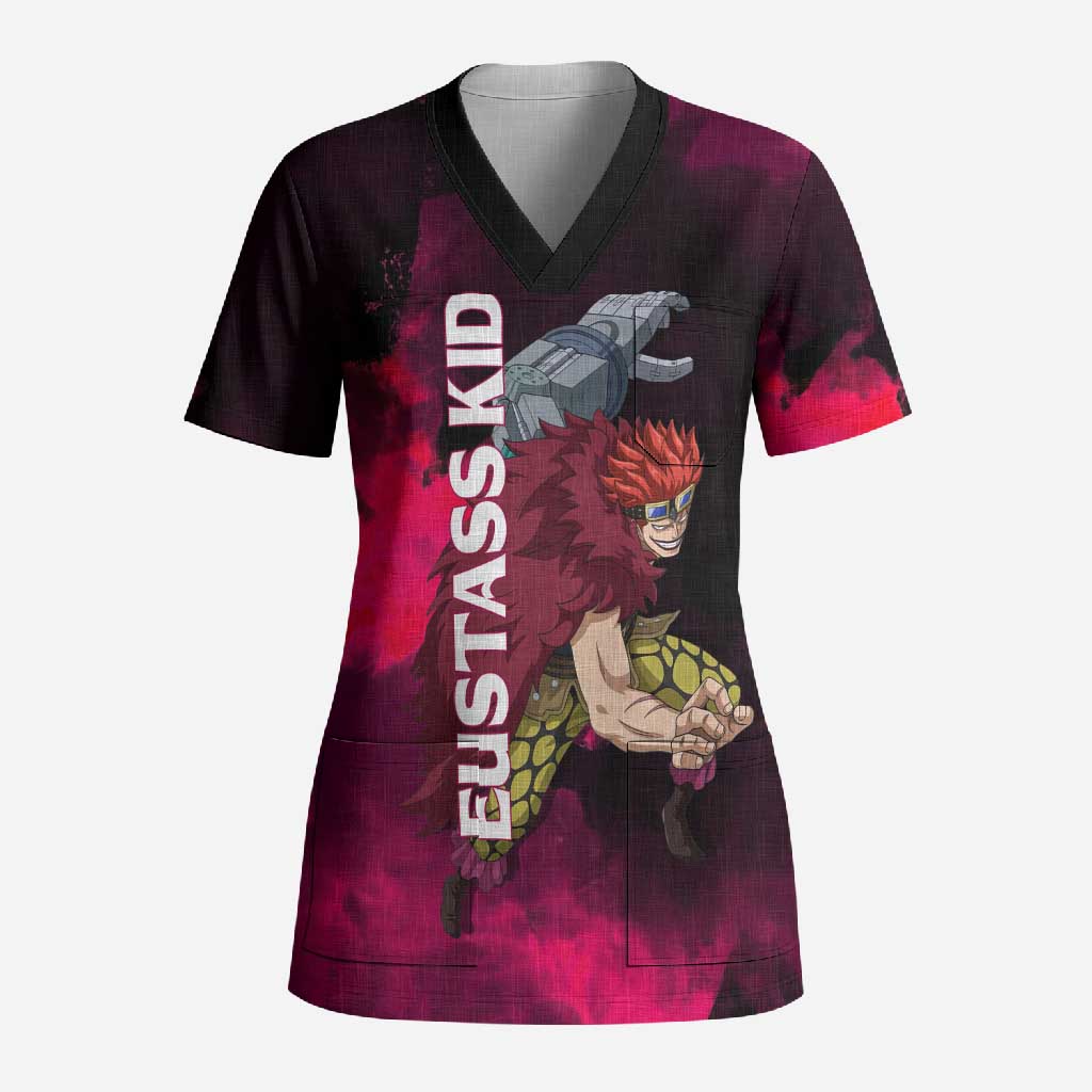 Eustass Kid One Piece Theme Red and Black Grunge Design Scrub Top with Mechanical Arm and Pirate Emblem - The Mazicc