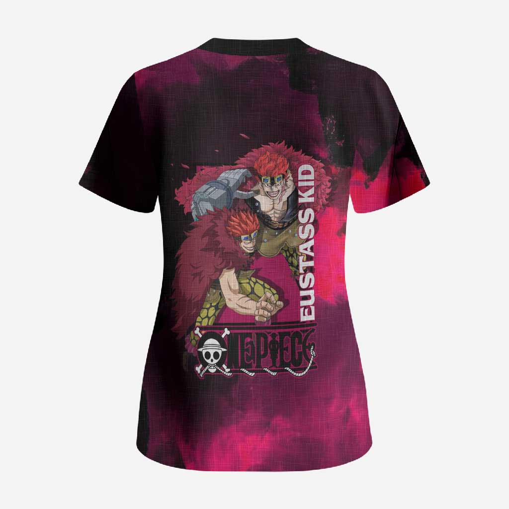 Eustass Kid One Piece Theme Red and Black Grunge Design Scrub Top with Mechanical Arm and Pirate Emblem - The Mazicc