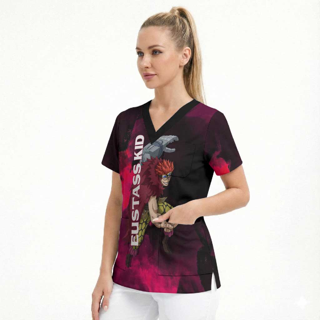 Eustass Kid One Piece Theme Red and Black Grunge Design Scrub Top with Mechanical Arm and Pirate Emblem - The Mazicc