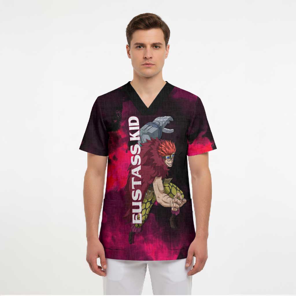 Eustass Kid One Piece Theme Red and Black Grunge Design Scrub Top with Mechanical Arm and Pirate Emblem - The Mazicc