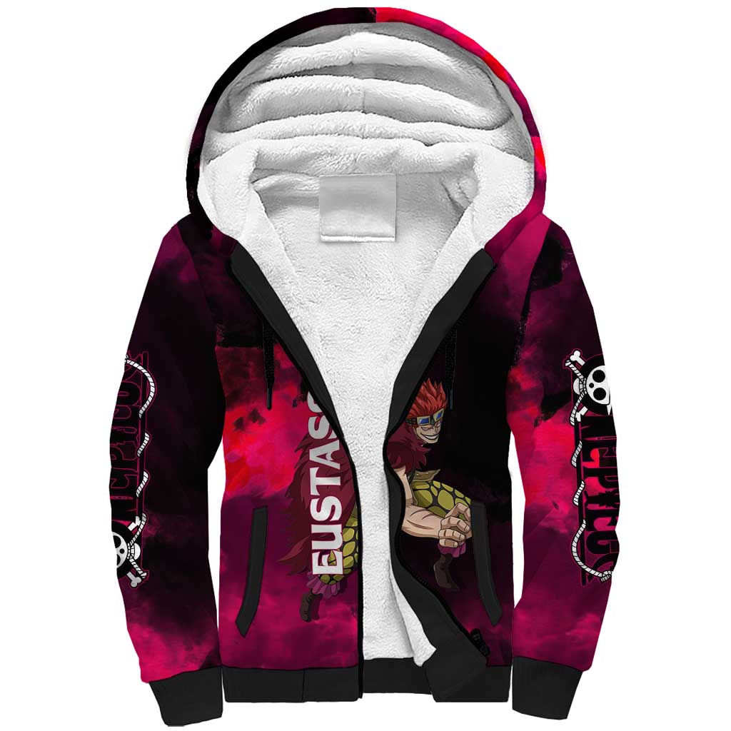Eustass Kid One Piece Theme Red and Black Grunge Design Sherpa Hoodie with Mechanical Arm and Pirate Emblem - The Mazicc