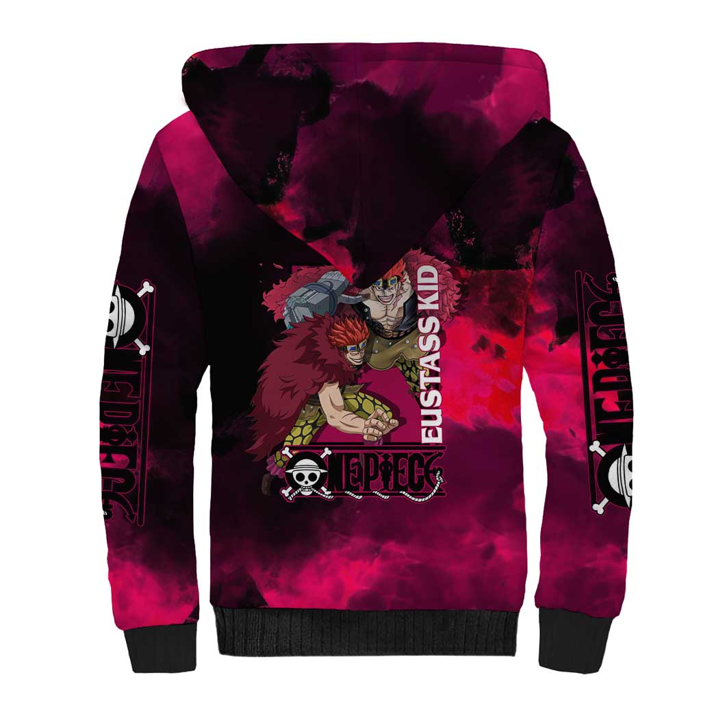 Eustass Kid One Piece Theme Red and Black Grunge Design Sherpa Hoodie with Mechanical Arm and Pirate Emblem - The Mazicc
