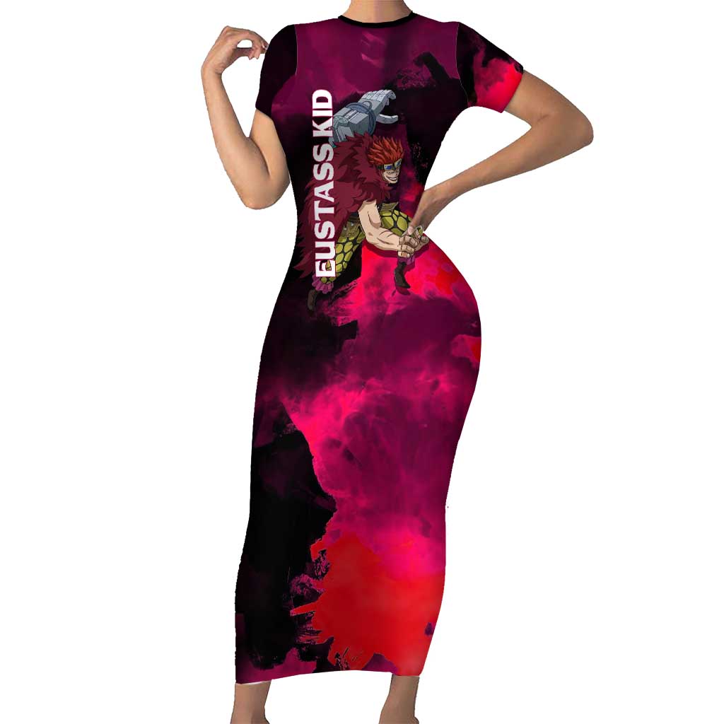 Eustass Kid One Piece Theme Red and Black Grunge Design Short Sleeve Bodycon Dress with Mechanical Arm and Pirate Emblem - The Mazicc