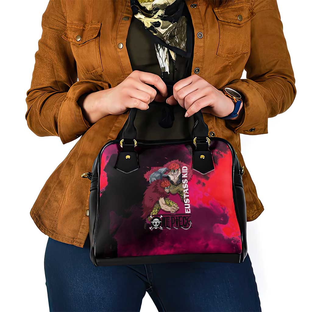 Eustass Kid One Piece Theme Red and Black Grunge Design Shoulder Handbag with Mechanical Arm and Pirate Emblem - The Mazicc