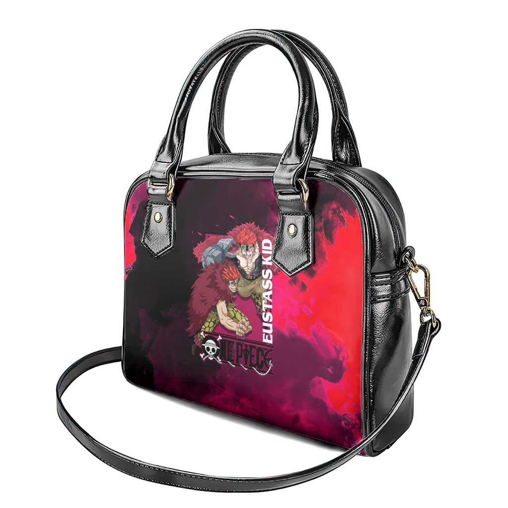 Eustass Kid One Piece Theme Red and Black Grunge Design Shoulder Handbag with Mechanical Arm and Pirate Emblem - The Mazicc