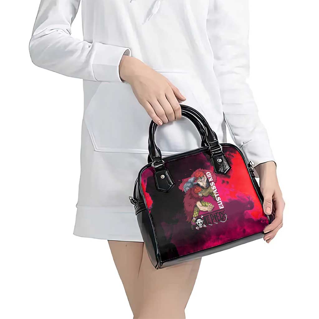 Eustass Kid One Piece Theme Red and Black Grunge Design Shoulder Handbag with Mechanical Arm and Pirate Emblem - The Mazicc
