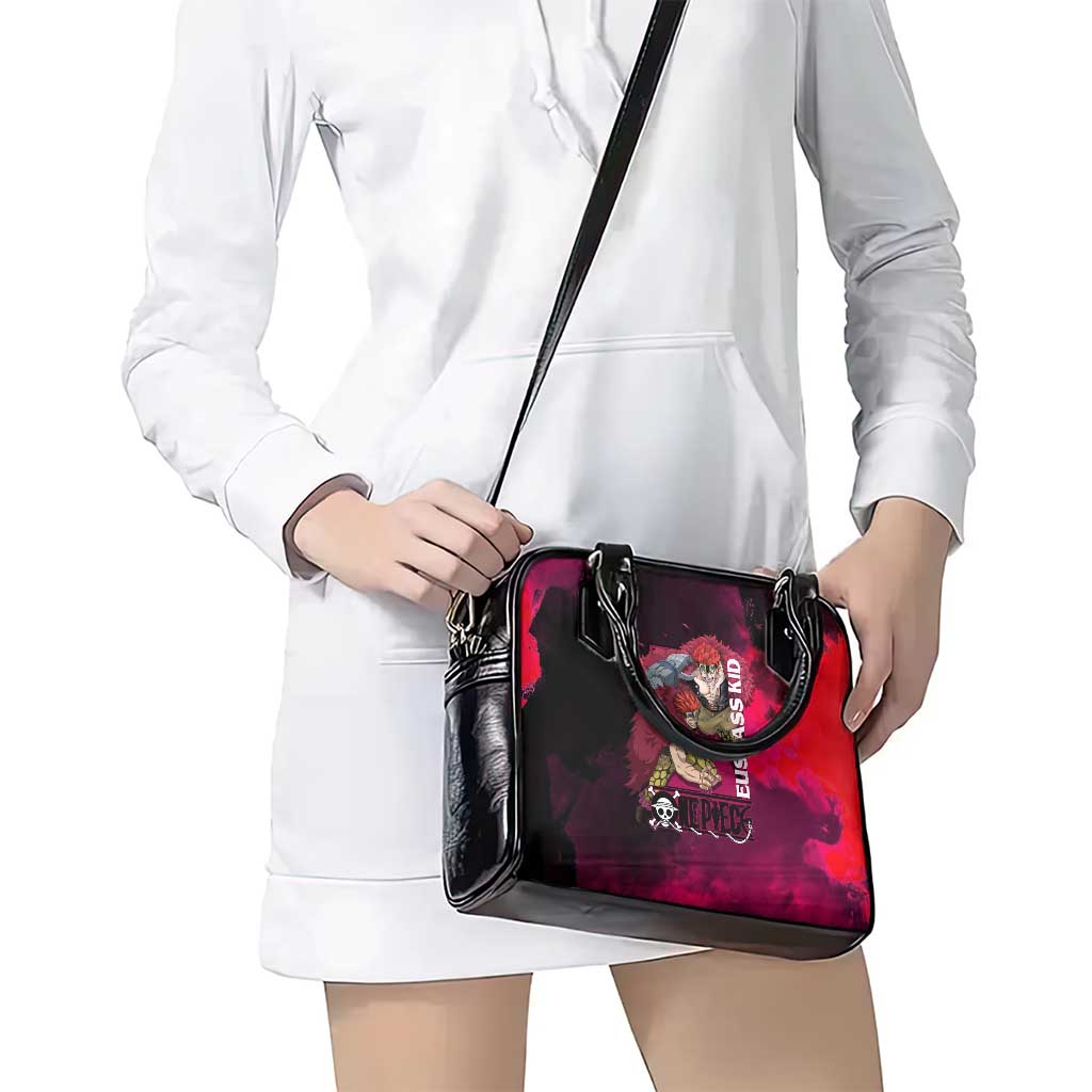 Eustass Kid One Piece Theme Red and Black Grunge Design Shoulder Handbag with Mechanical Arm and Pirate Emblem - The Mazicc