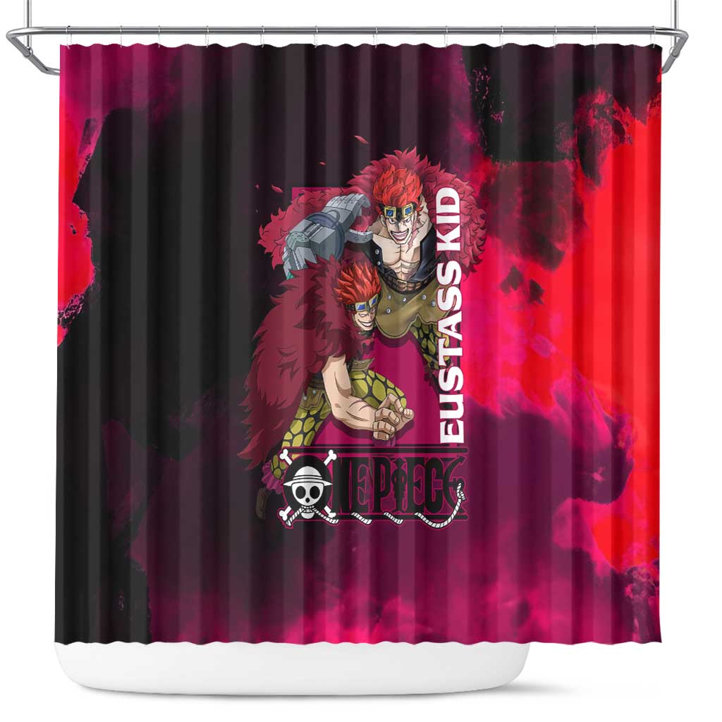 Eustass Kid One Piece Theme Red and Black Grunge Design Shower Curtain with Mechanical Arm and Pirate Emblem - The Mazicc