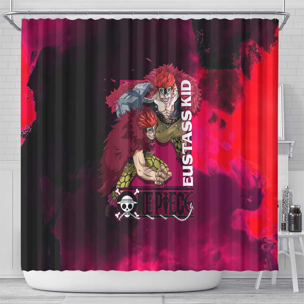 Eustass Kid One Piece Theme Red and Black Grunge Design Shower Curtain with Mechanical Arm and Pirate Emblem - The Mazicc