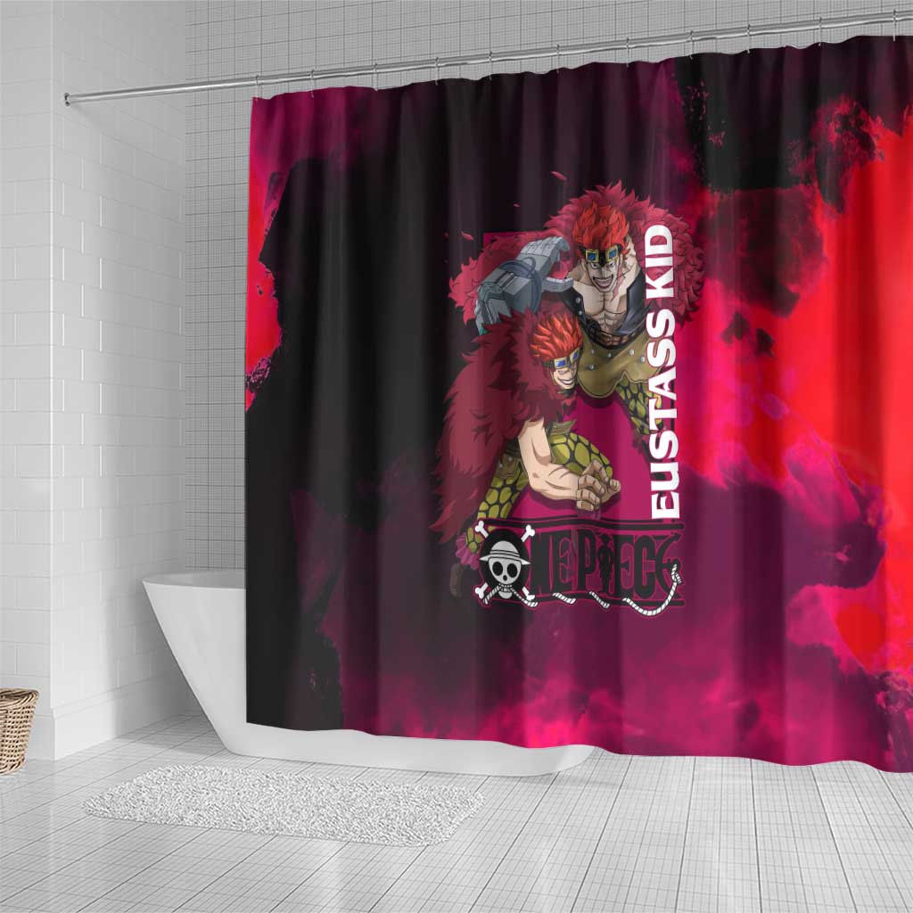 Eustass Kid One Piece Theme Red and Black Grunge Design Shower Curtain with Mechanical Arm and Pirate Emblem - The Mazicc