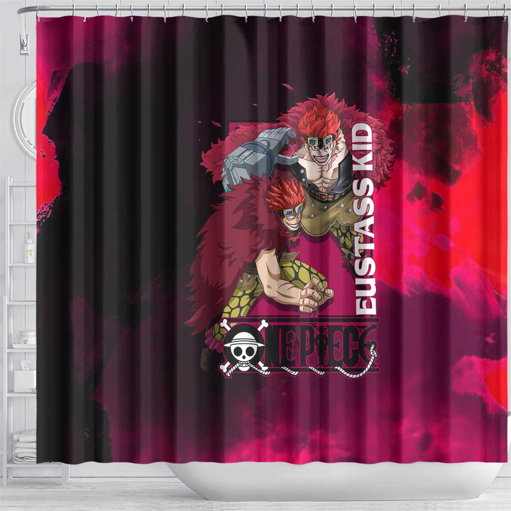 Eustass Kid One Piece Theme Red and Black Grunge Design Shower Curtain with Mechanical Arm and Pirate Emblem - The Mazicc