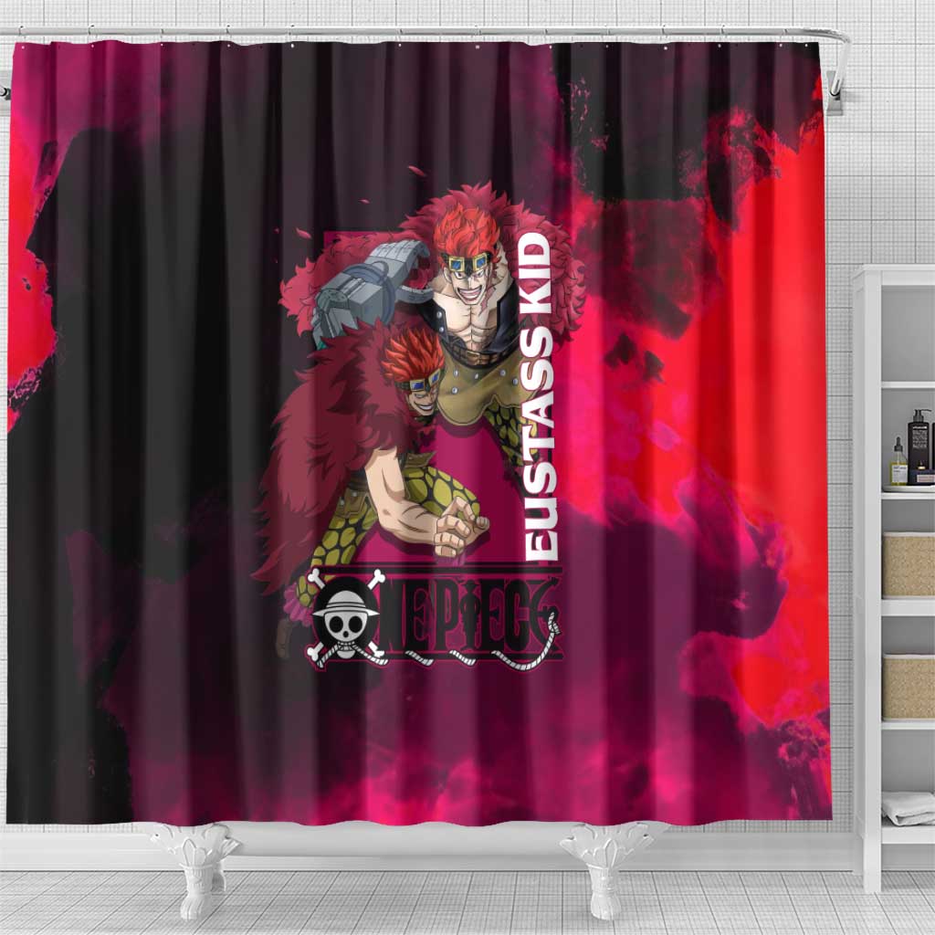 Eustass Kid One Piece Theme Red and Black Grunge Design Shower Curtain with Mechanical Arm and Pirate Emblem - The Mazicc