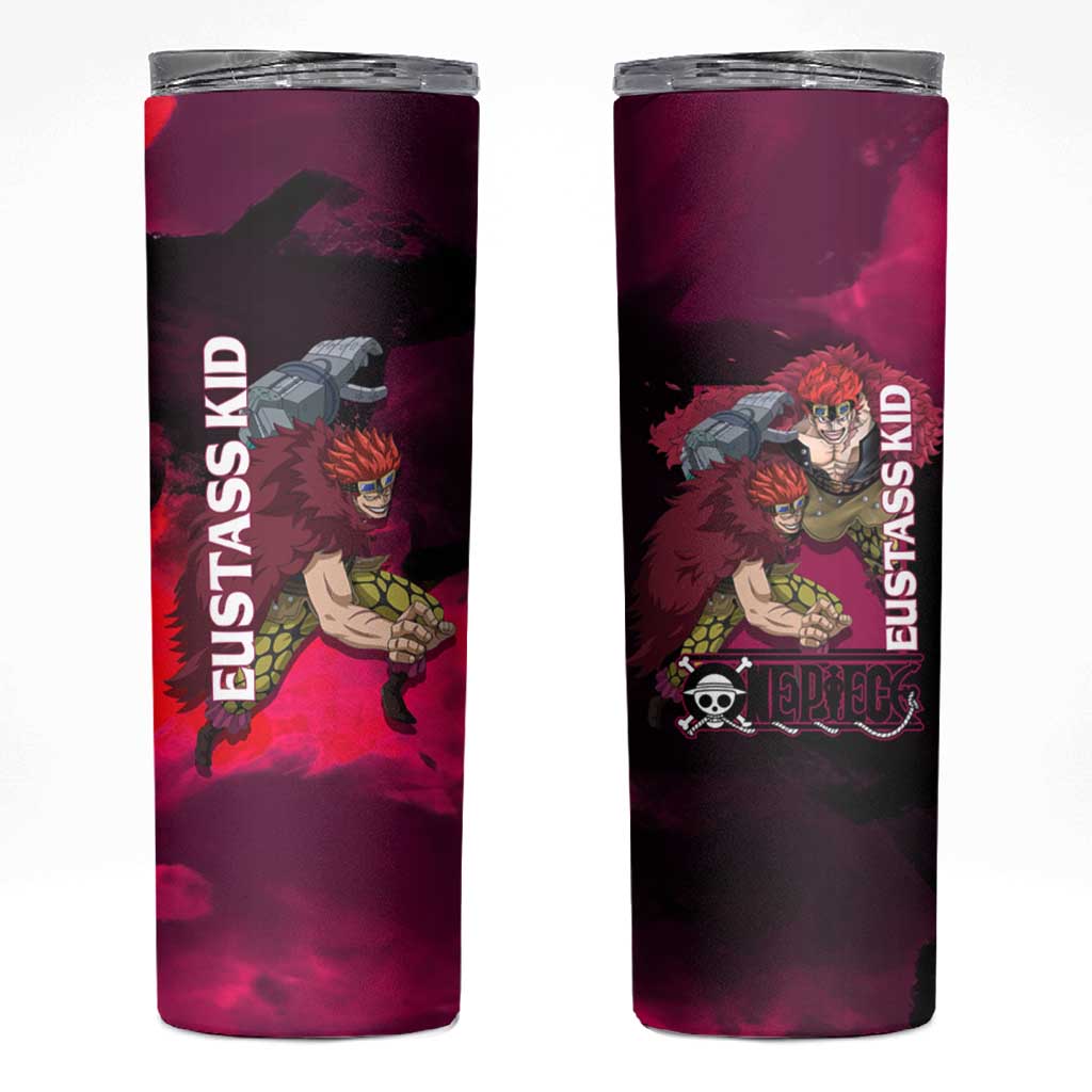 Eustass Kid One Piece Theme Red and Black Grunge Design Skinny Tumbler with Mechanical Arm and Pirate Emblem - The Mazicc