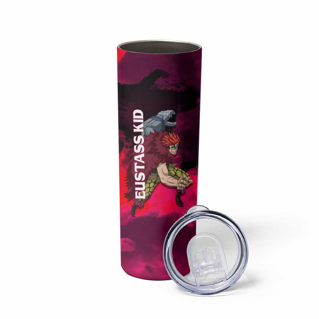 Eustass Kid One Piece Theme Red and Black Grunge Design Skinny Tumbler with Mechanical Arm and Pirate Emblem - The Mazicc