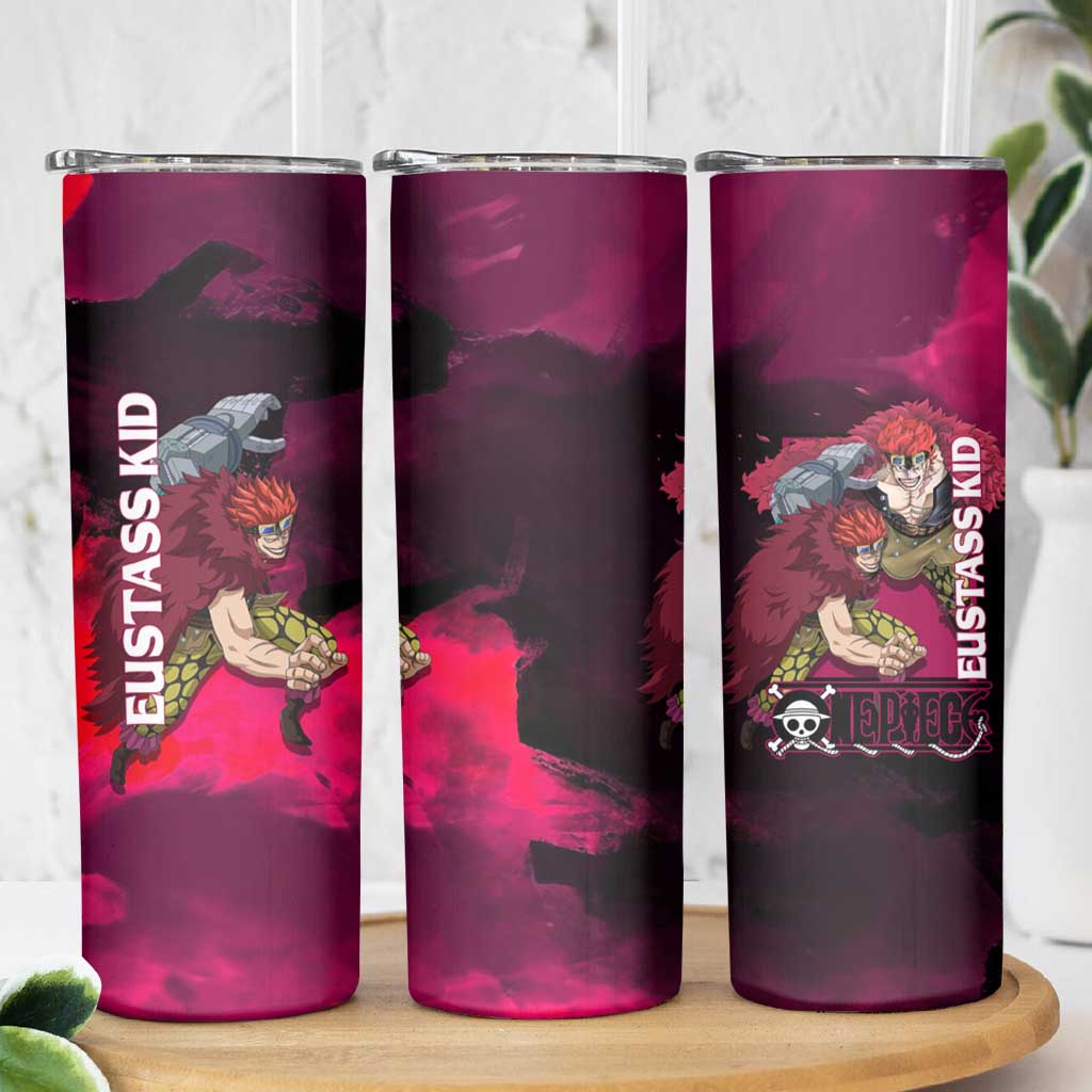Eustass Kid One Piece Theme Red and Black Grunge Design Skinny Tumbler with Mechanical Arm and Pirate Emblem - The Mazicc
