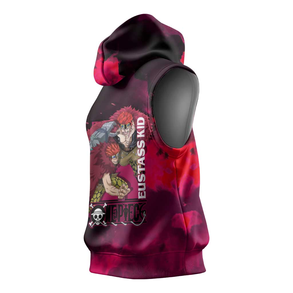 Eustass Kid One Piece Theme Red and Black Grunge Design Sleeveless Hoodie with Mechanical Arm and Pirate Emblem - The Mazicc