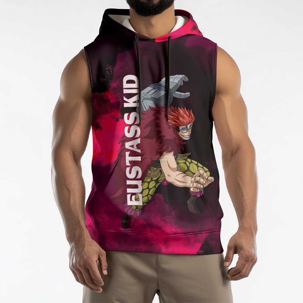 Eustass Kid One Piece Theme Red and Black Grunge Design Sleeveless Hoodie with Mechanical Arm and Pirate Emblem - The Mazicc