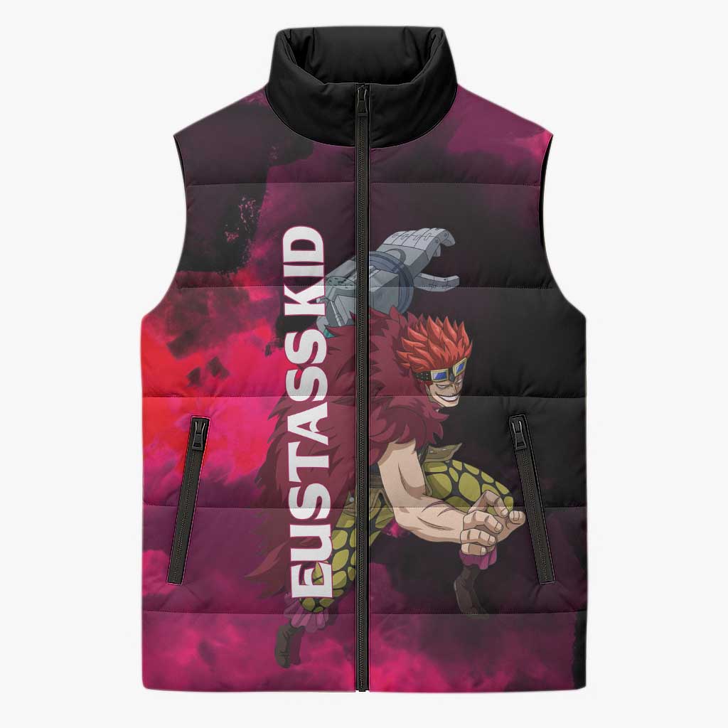 Eustass Kid One Piece Theme Red and Black Grunge Design Sleeveless Puffer Jacket with Mechanical Arm and Pirate Emblem - The Mazicc